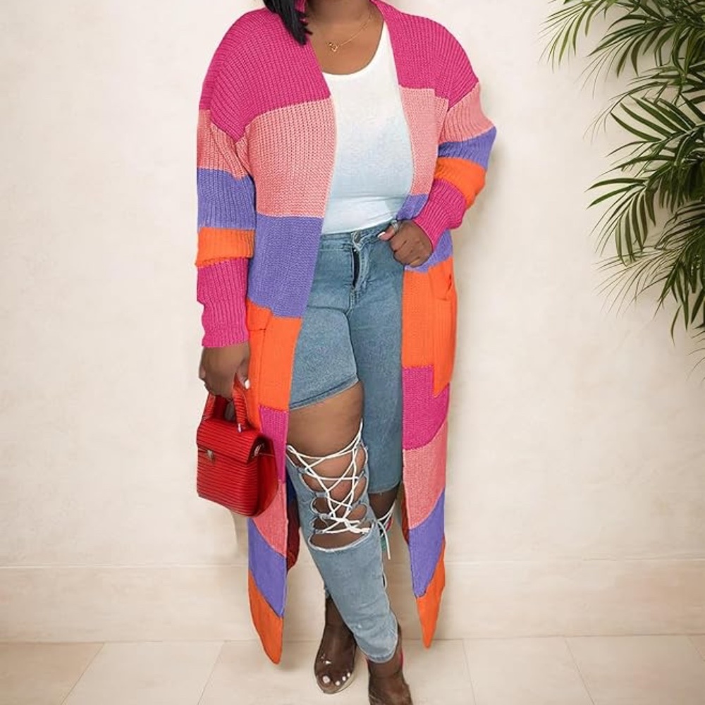 Colorblock Sweater Knit Maxi Cardigan Size XL